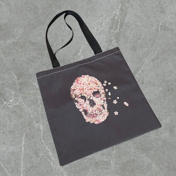 Skull Floral Black & Pink Rose Petals Painted Fabric Canvas Strap Everyday Tote - Picture 1 of 4